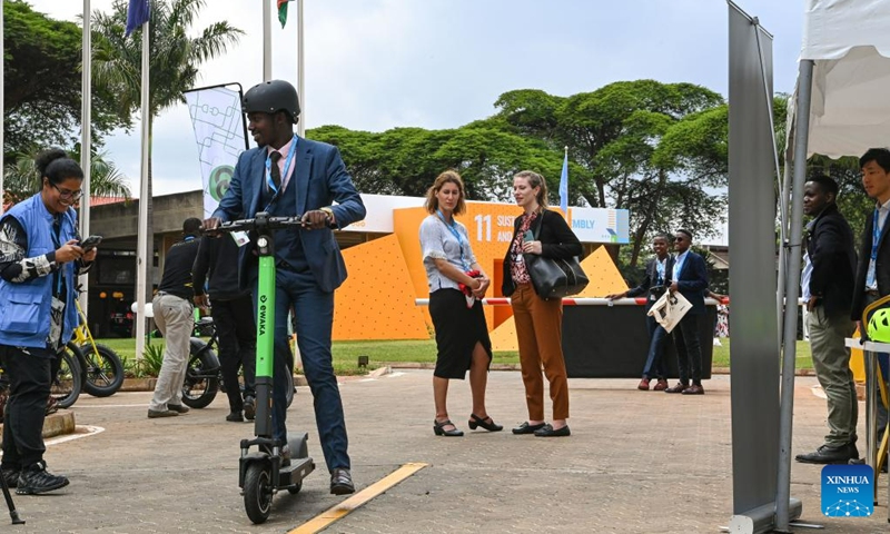 A man rides an electric scooter during a Low-carbon E-mobility Showcase activity in Nairobi, Kenya, on June 6, 2023. During the ongoing second session of the United Nations Habitat Assembly, a Low-carbon E-mobility Showcase activity was held at United Nations Office at Nairobi.(Photo: Xinhua)