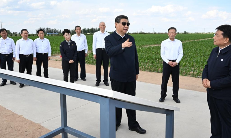 General Secretary of the Communist Party of China (CPC) Central Committee Xi Jinping, also Chinese president and chairman of the Central Military Commission, visits a modern agriculture demonstration park on the south bank of the Wuliangsu Lake in Bayannur, north China's Inner Mongolia Autonomous Region, June 5, 2023. (Photo: Xinhua)