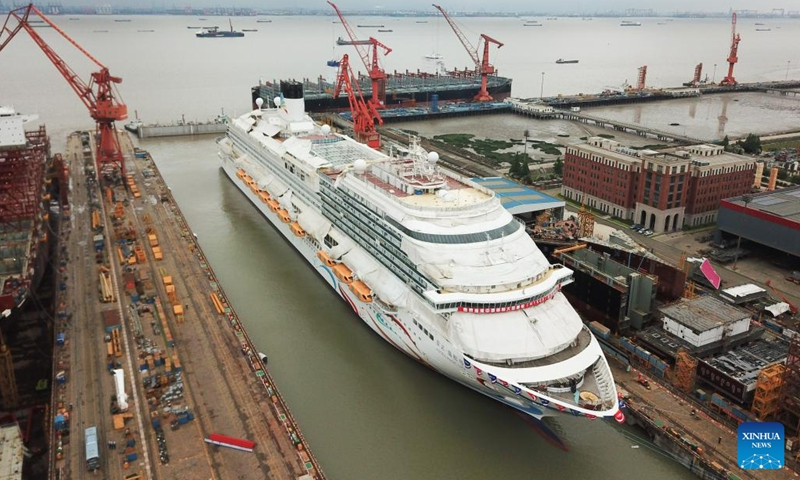 This aerial photo taken on June 6, 2023 shows China's first domestically-built large cruise ship Adora Magic City in east China's Shanghai.(Photo: Xinhua)