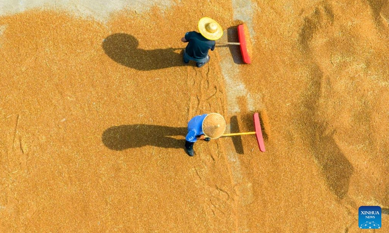 This aerial photo taken on June 6, 2023 shows villagers drying wheat in Zhaizhuang Village of Jiangyan District, Taizhou City, east China's Jiangsu Province. Farmers in provinces including Shandong, Henan and Jiangsu have recently been busy with harvesting wheat.(Photo: Xinhua)