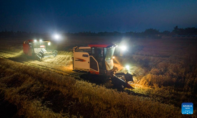 This aerial photo taken on June 6, 2023 shows villagers driving machineries to harvest wheat in Zhaizhuang Village of Jiangyan District, Taizhou City, east China's Jiangsu Province. Farmers in provinces including Shandong, Henan and Jiangsu have recently been busy with harvesting wheat.(Photo: Xinhua)