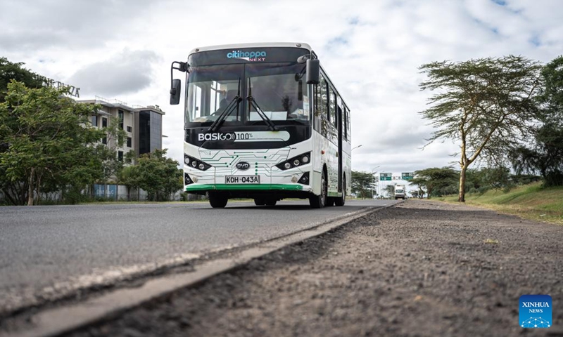 This photo taken on June 3, 2023 shows an electric bus operating in Nairobi, Kenya. The World Environment Day falls on June 5. In order to cope with climate change and protect the ecological environment, Kenya has made great efforts to promote the operation of electric buses and has introduced relevant policies to promote emission reduction.(Photo: Xinhua)