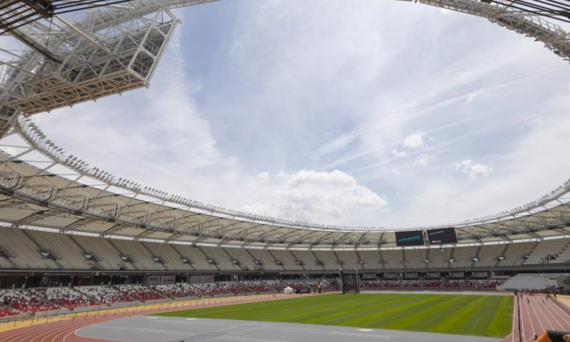 People participate in a family day event in the newly opened National Athletics Centre in Budapest, Hungary on June 17, 2023. The brand new National Athletics Centre will host 2023 World Athletics Championships during August 19-27. (Photo by Attila Volgyi/Xinhua)