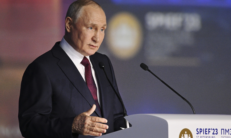 Russian President Vladimir Putin addresses a plenary session of the St. Petersburg International Economic Forum in St. Petersburg, Russia, on June 16, 2023. Photo: VCG
