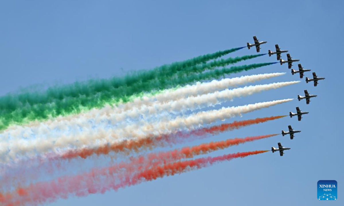 The Italian Frecce Tricolori aerobatic squad performs during a media preview of an airshow celebrating the centenary of the Italian Air Force in Pratica di Mare airbase, Italy, on June 16, 2023. Photo:Xinhua
