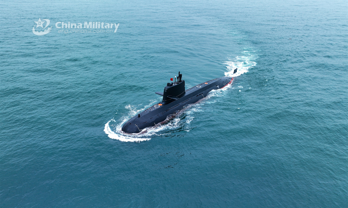 A submarine attached to a naval submarine flotilla under the PLA Northern Theater Command steams in the sea during a training exercise recently in waters of the Yellow Sea. Photo: China Military