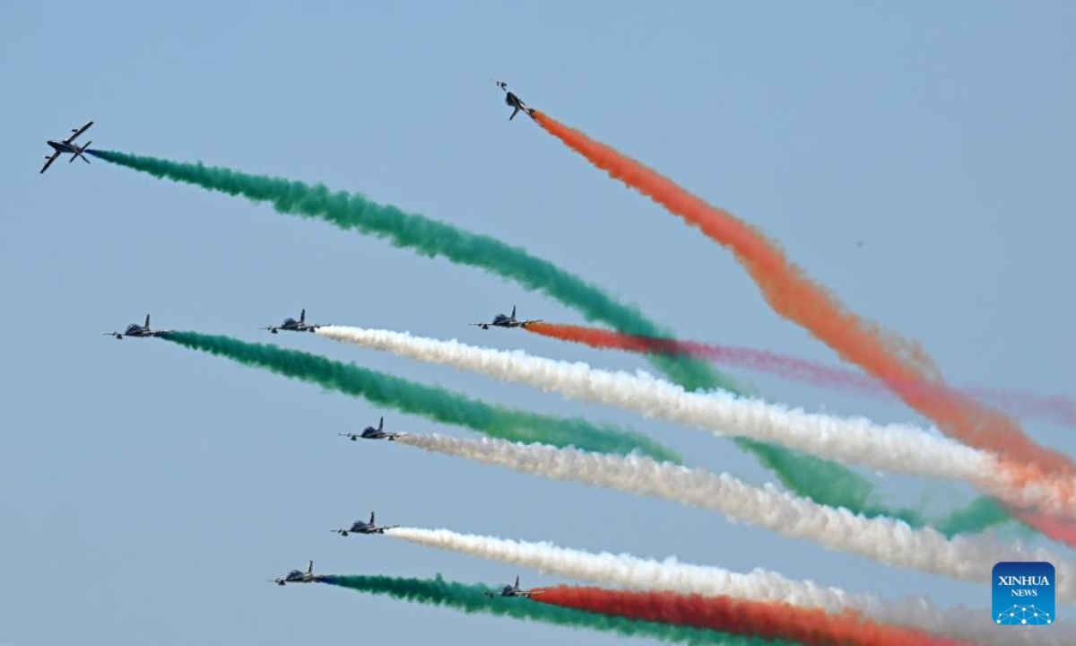 The Italian Frecce Tricolori aerobatic squad performs during a media preview of an airshow celebrating the centenary of the Italian Air Force in Pratica di Mare airbase, Italy, on June 16, 2023. Photo:Xinhua