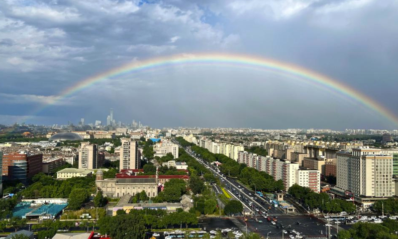 This photo taken with a mobile phone shows a rainbow in the sky over Beijing, capital of China, June 11, 2023. (Xinhua/Lu Zhe)