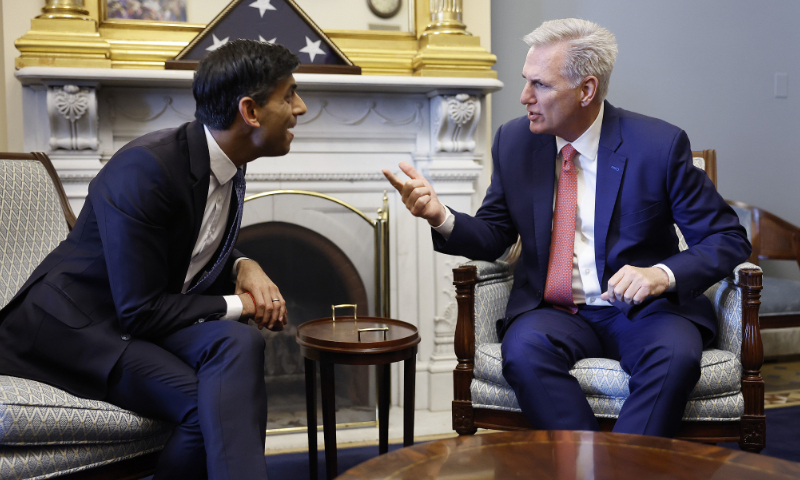 UK Prime Minister Rishi Sunak (left) and US House Speaker Kevin McCarthy in the Speaker's office at the US Capitol on June 7, 2023 in Washington, DC Photo: VCG