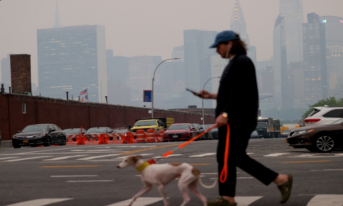 A man walks his dog on June 6, 2023 in New York, the US, as the air quality remains poor. Photo: VCG