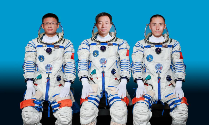 This undated photo shows Chinese taikonauts Jing Haipeng (center), Zhu Yangzhu (right) and Gui Haichao (left) who will carry out the Shenzhou-16 spaceflight mission. Photo: Xinhua