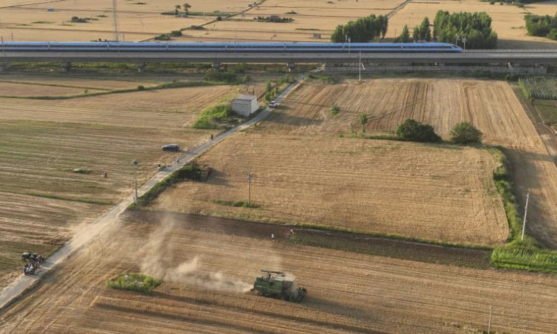 In this aerial photo, wheat is being harvested via agricultural machinery in Zouping City, east China's Shandong Province, June 9, 2023. (Photo by Dong Naide/Xinhua)