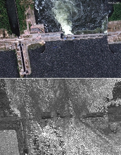 This combination of handout satellite images courtesy of Maxar technologies shows the Kakhovka Hydroelectric Power Station (top) on June 5, 2023 and the same area on June 6, 2023 after it was damaged. Photo: VCG