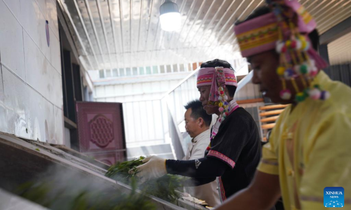 Villagers make tea leaves in Old Man'e Village, Menghai County, southwest China's Yunnan Province, June 7, 2023. Photo:Xinhua