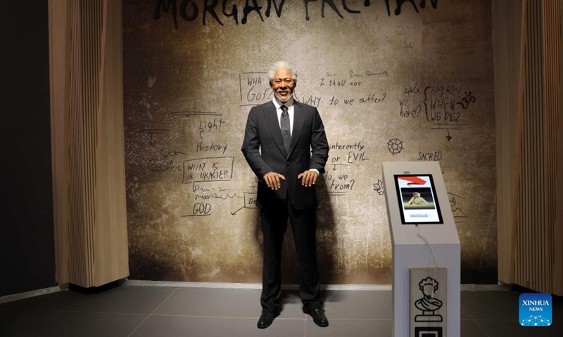A wax statue of U.S. actor Morgan Freeman is on display at the Wax Museum in Baghdad, Iraq, on June 13, 2023. For the first time in Iraq, wax statues of Iraqi and foreign art and sports figures were exhibited at the Wax Museum in Baghdad.(Photo: Xinhua)