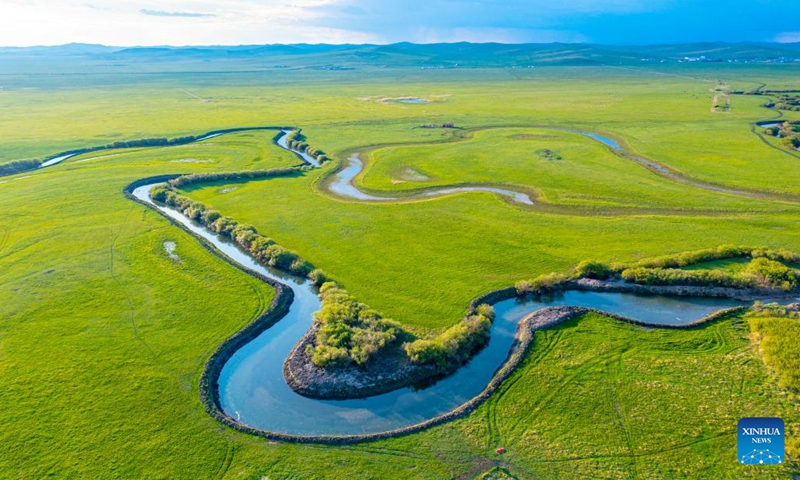 This aerial photo taken on June 12, 2023 shows the scenery of a grassland in Xilingol League of north China's Inner Mongolia Autonomous Region.(Photo: Xinhua)