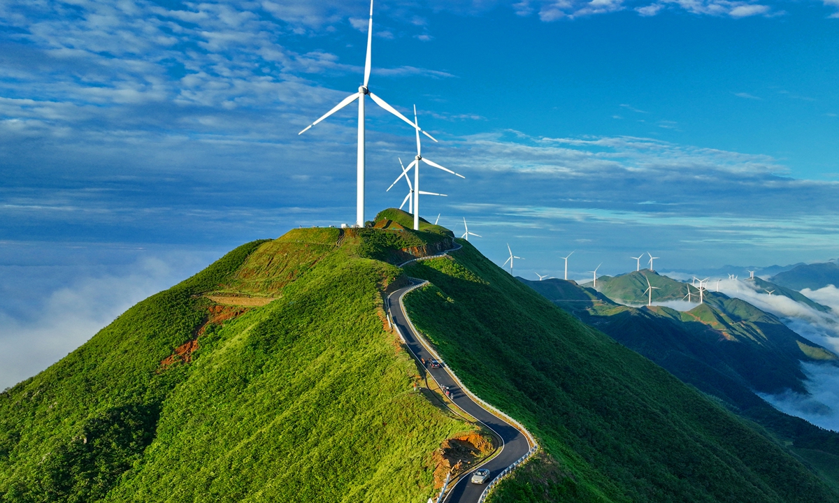 Wind turbines are seen in the mountains of Shangyou county, Ganzhou in East China's Jiangxi Province on June 11, 2023. As of the end of April, the installed capacity of wind power rose 12.2 percent year-on-year to approximately 380 million kilowatts, official data showed. Photo: VCG