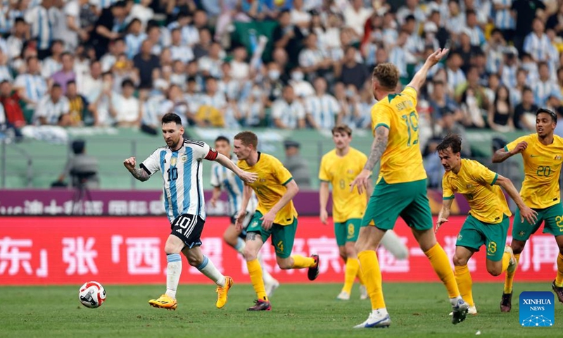 Lionel Messi (1st L) of Argentina competes during an international football invitational between Argentina and Australia in Beijing, capital of China, June 15, 2023.(Photo: Xinhua)