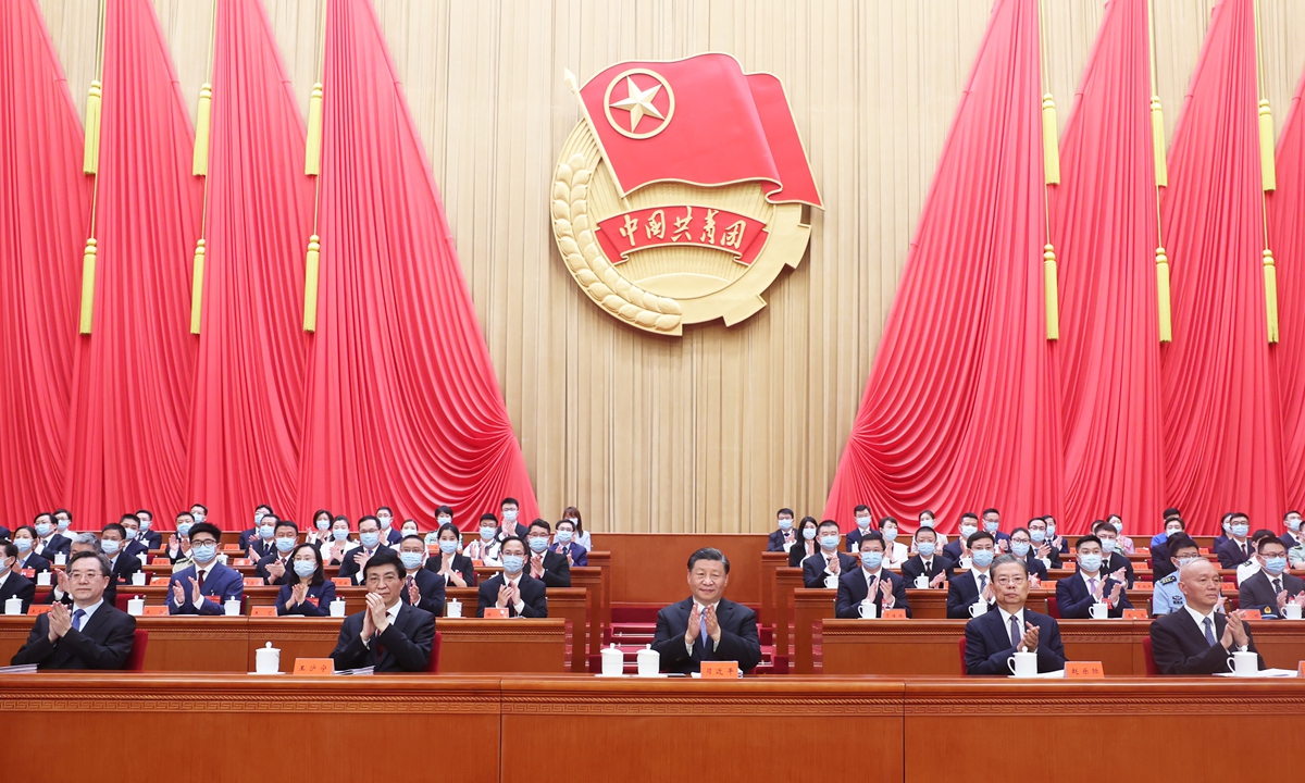 Chinese President Xi (center), also general secretary of the CPC Central Committee and chairman of the Central Military Commission, as well as other Chinese leaders attend the 19th national congress of the Communist Youth League of China in Beijing on June 19, 2023. Photo: Xinhua 