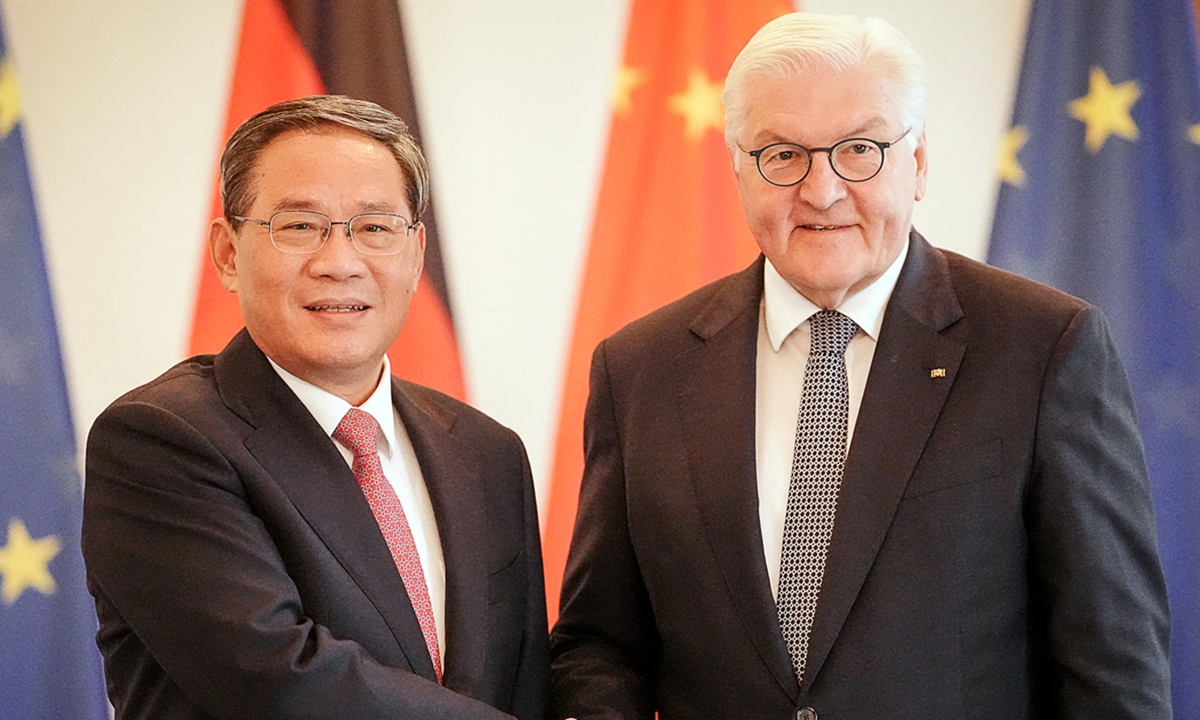 German President Frank-Walter Steinmeier (right) receives Li Qiang, Premier of China, at Bellevue Palace to kick off the Chinese government's visit to Germany on June 19, 2023. Photo: AFP
