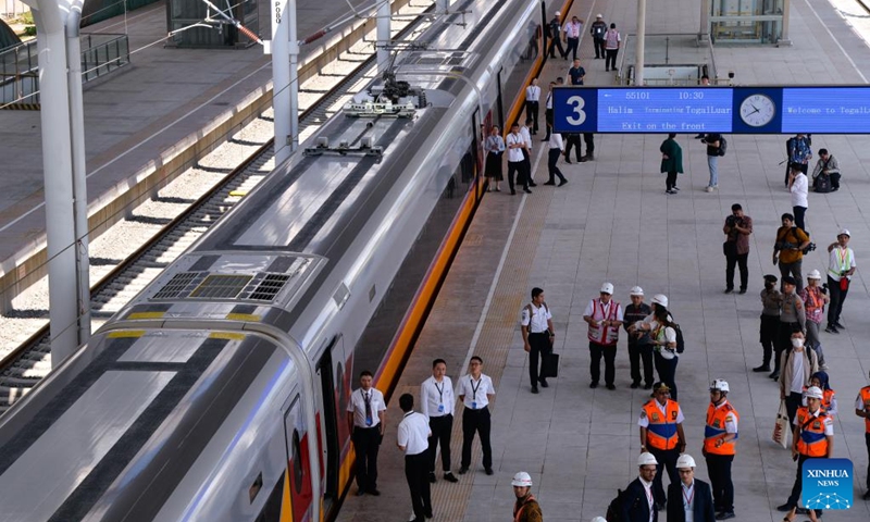 A comprehensive inspection train of the Jakarta-Bandung High-Speed Railway parks at the Tegalluar Station in Bandung, Indonesia, June 22, 2023. The comprehensive inspection train (CIT) of Jakarta-Bandung High-Speed Railway (HSR) reached 350 km per hour, the design speed, for the first time on Thursday during the joint commissioning and testing phase. (Xinhua/Xu Qin)