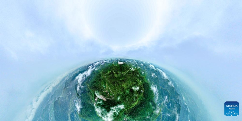 This aerial panoramic photo taken on June 22, 2023 shows China's Five-hundred-meter Aperture Spherical Radio Telescope (FAST) under maintenance in southwest China's Guizhou Province. China's FAST telescope identified a binary pulsar with an orbital period of 53.3 minutes, the shortest known period for a pulsar binary system.The research, mainly conducted by a team led by scientists from the National Astronomical Observatories of the Chinese Academy of Sciences (NAOC), was published in the journal Nature Wednesday. (Xinhua/Ou Dongqu)