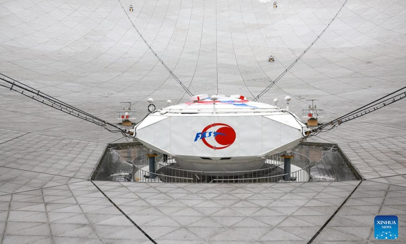 This photo taken on June 22, 2023 shows the feed cabin of China's Five-hundred-meter Aperture Spherical Radio Telescope (FAST) under maintenance in southwest China's Guizhou Province. China's FAST telescope identified a binary pulsar with an orbital period of 53.3 minutes, the shortest known period for a pulsar binary system.The research, mainly conducted by a team led by scientists from the National Astronomical Observatories of the Chinese Academy of Sciences (NAOC), was published in the journal Nature Wednesday. (Xinhua/Ou Dongqu)