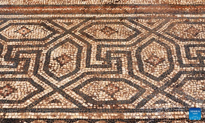 Photo taken on June 22, 2023 shows a Roman-era mosaic panel recently uncovered in the city of al-Rastan in Homs, Syria. (Photo by Ammar Safarjalani/Xinhua)