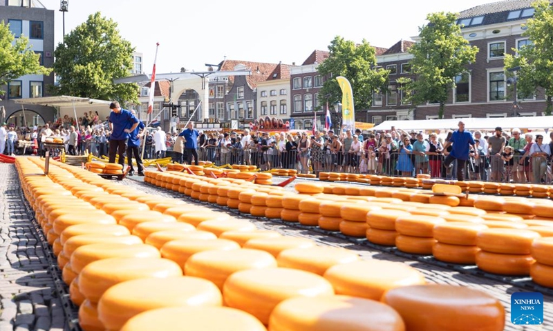 Cheeses are piled up at a cheese market in Alkmaar, the Netherlands, on June 23, 2023. Every Friday in the small town of Alkmaar, cheesemongers sell their products at the Alkmaar cheese market. (Photo by Sylvia Lederer/Xinhua)