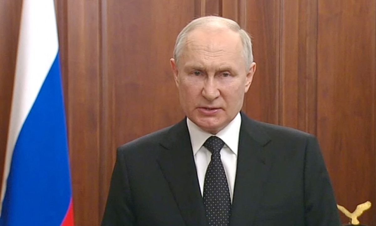 President Vladimir Putin addresses the nation, the Kremlin said on June 24, 2023, as Russia faced a rebellion by the Wagner mercenary group that has vowed to topple Moscow's military leadership.Photo:AFP