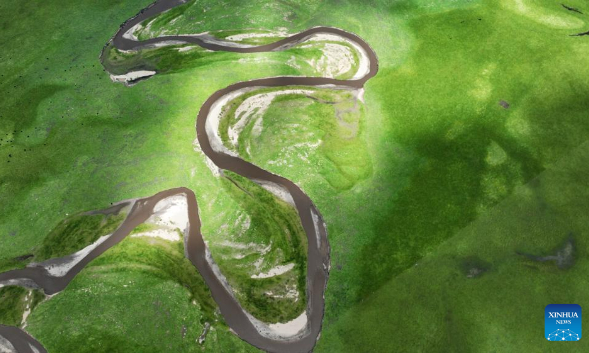 This aerial photo taken on July 6, 2023 shows the summer scenery of the Awancang Wetland in Maqu County, Gannan Tibetan Autonomous Prefecture of northwest China's Gansu Province. Photo:Xinhua