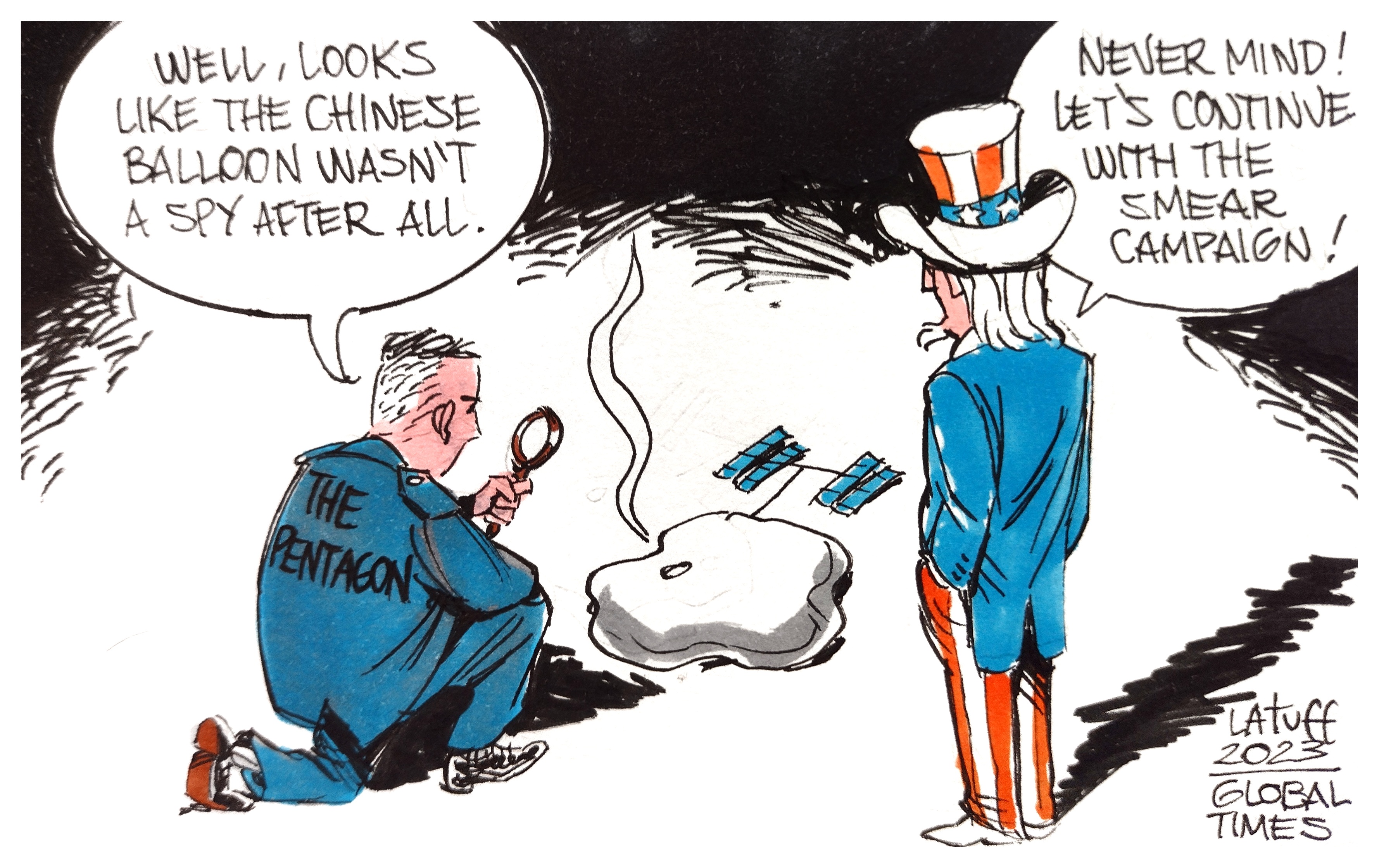 It turned out the Chinese “spy balloon” was just another Washington’s wild fantasy. Cartoon:Carlos Latuff