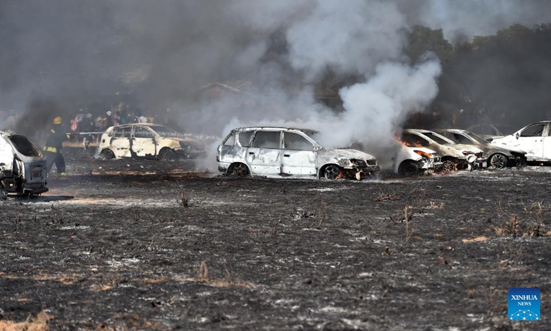 This photo taken on June 25, 2023 shows the ruins of burnt cars in Jwaneng mining town about 165 kilometers west of Gaborone, Botswana. Forty-nine vehicles caught fire in Jwaneng mining town Sunday afternoon in southern Botswana, where the owners were attending the 2023 Toyota Desert Race.(Photo: Xinhua)
