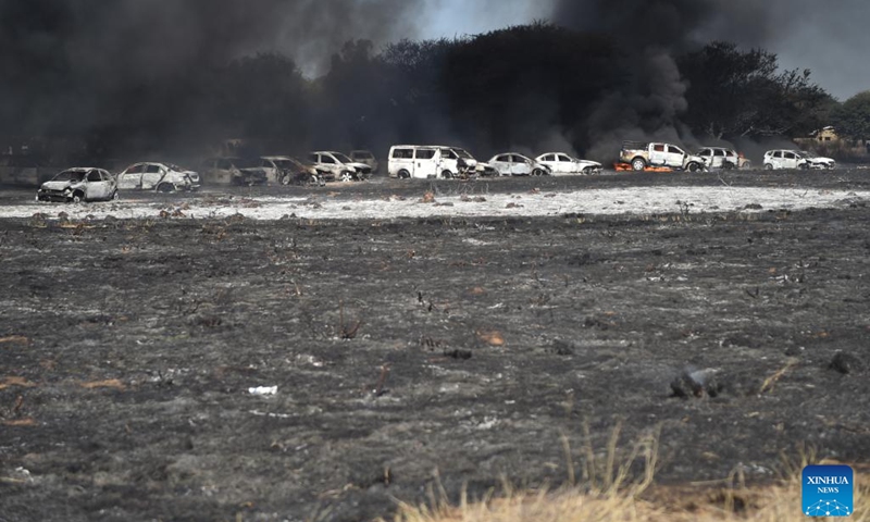This photo taken on June 25, 2023 shows the ruins of burnt cars in Jwaneng mining town about 165 kilometers west of Gaborone, Botswana. Forty-nine vehicles caught fire in Jwaneng mining town Sunday afternoon in southern Botswana, where the owners were attending the 2023 Toyota Desert Race.(Photo: Xinhua)
