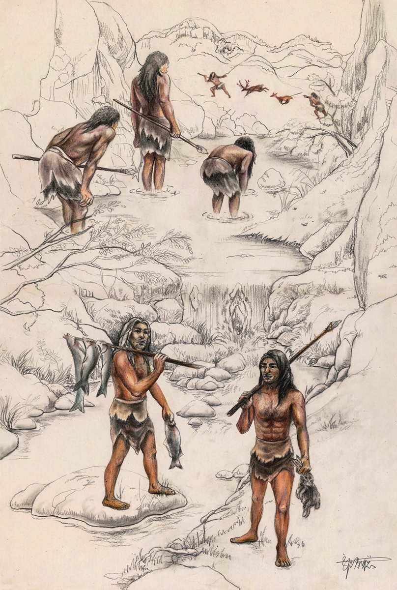A modern-day drawing depicting the life of ancient humans at the Tianyuan Cave in Beijing Photo: Courtesy of the Institute of Vertebrate Paleontology and Paleoanthropology, Chinese Academy of Sciences 