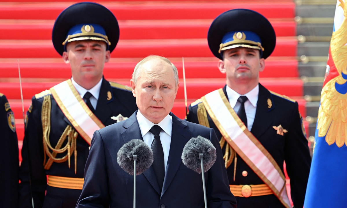 Russian President Vladimir Putin (center) addresses troops from the defense ministry, National Guard,  Federal Security Service and interior ministry at Kremlin Cathedral Square in Moscow, Russia, on June 27, 2023. It is Putin's first speech after the short-lived Wagner mutiny was called off. Photo: VCG 