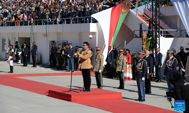 Malagasy President Andry Rajoelina speaks during a celebration marking the 63rd anniversary of Madagascar's independence in Antananarivo, capital of Madagascar, June 26, 2023. Madagascar celebrated the 63rd anniversary of its independence on Monday.(Photo: Xinhua)