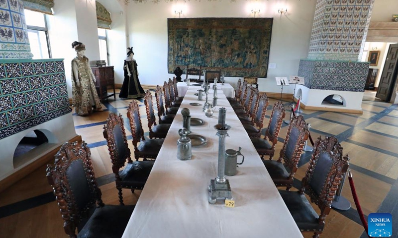 This photo taken on June 30, 2023 shows an interior view of the Mir Castle in Grodno region, Belarus. The Mir Castle Complex is a unique monument of Belarusian architecture and was built in the early 16th century. It was listed as a world heritage site by the UNESCO in 2000. (Photo by Henadz Zhinkov/Xinhua)