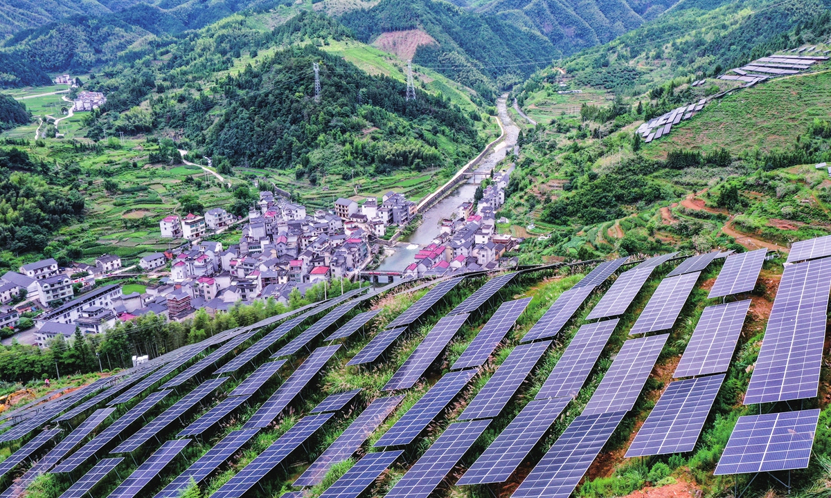 A centralized agriculture and photovoltaic complementary project is seen at a county in Hangzhou, East China's Zhejiang Province, on June 29, 2023. The county has been optimizing the energy structure, cultivating new momentum of rural economic growth, and driving local employment by developing resources and sectors which are complementary with the photovoltaic industry. Photo: cnsphoto 