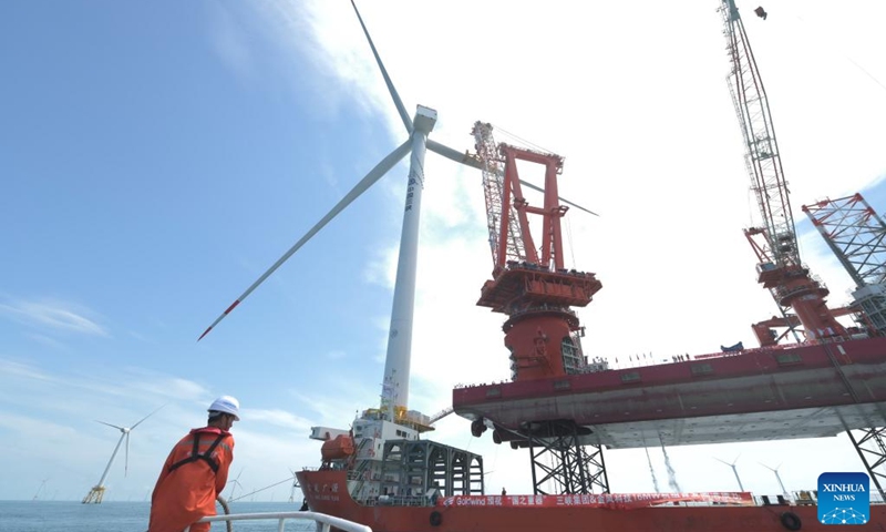 This photo shows the construction site of the world's first 16-megawatt offshore wind turbine in Fuzhou, southeast China's Fujian Province, June 28, 2023. The construction of the giant offshore wind turbine, with the world's largest per-unit capacity, was completed here on Wednesday, according to China Three Gorges Corporation. (Photo:Xinhua)