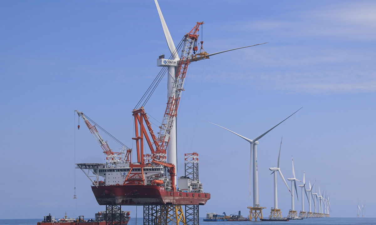 The world's largest 16-megawatt offshore wind turbine stands in an offshore wind farm off the coast of Fujian Province on June 28, 2023. Photo: Yang Ruoyu/GT