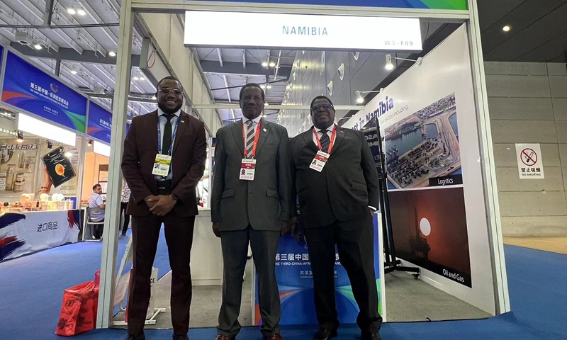 Namibian Ambassador to China Elia George Kaiyamo [center] visits a booth at the ongoing Third China-Africa Economic and Trade Expo held in Changsha, Central China's Hunan Province, on June 30, 2023. Photo: Courtesy of the ambassador