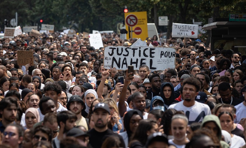 People take part in a protest in Nanterre, a town on the western outskirts of Paris, France, on June 29, 2023.(Photo: Xinhua)