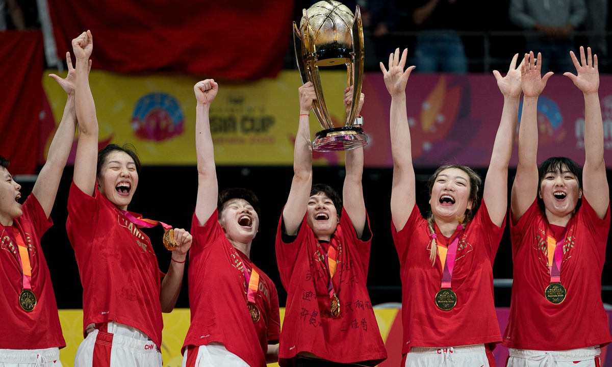 Players of Team China celebrate their victory after winning the Women' Asia Cup basketball final in Sydney, Australia, on July 2, 2023. Photo: VCG