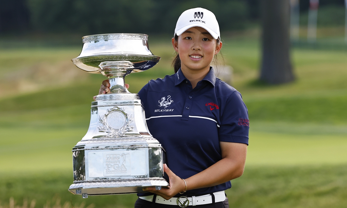 Yin Ruoning of China poses with the trophy after winning the Women's PGA Championship on June 25, 2023 in Springfield, New Jersey, the US. Photo: VCG
