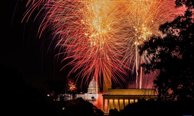 Fireworks are seen on the National Mall during U.S. Independence Day celebrations in Washington, D.C., the United States, July 4, 2023.(Photo: Xinhua)