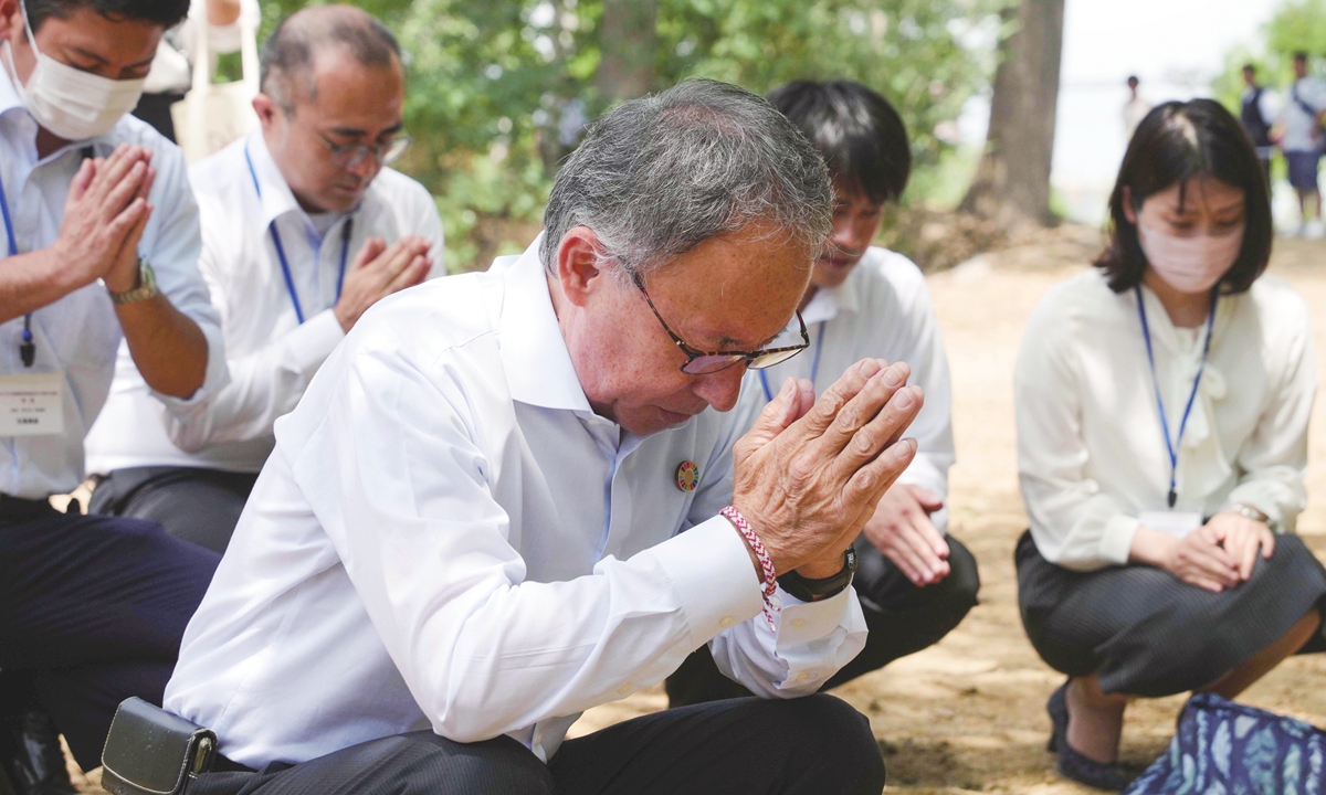 Okinawa Prefecture Governor Denny Tamaki pays his respects at the site of Ryukyu Kingdom cemetery in Zhangjiawan township in Beijing's Tongzhou district on July 4, 2023. Photo: VCG