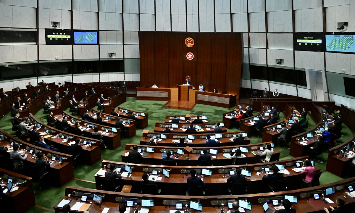 The Hong Kong Legislative Council has unanimously passed a bill on Thursday on amending District Council (DC) elections. Photo: VCG