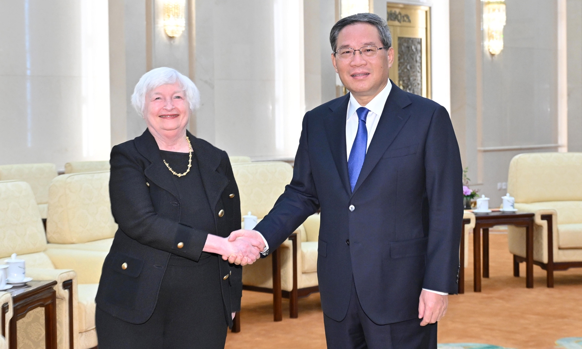 Chinese Premier Li Qiang meets with US Treasury Secretary Janet Yellen in Beijing on July 7. Photo: Xinhua