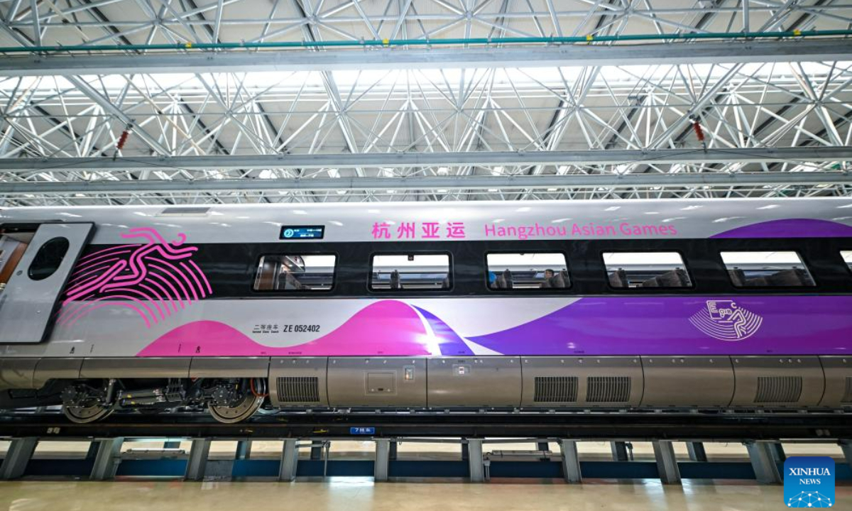 This photo taken on July 21, 2023 shows the exterior view of the Fuxing bullet train specially designed for the Hangzhou Asian Games in Changchun, northeast China's Jilin Province. The train rolled off in Changchun on Friday. Photo:Xinhua